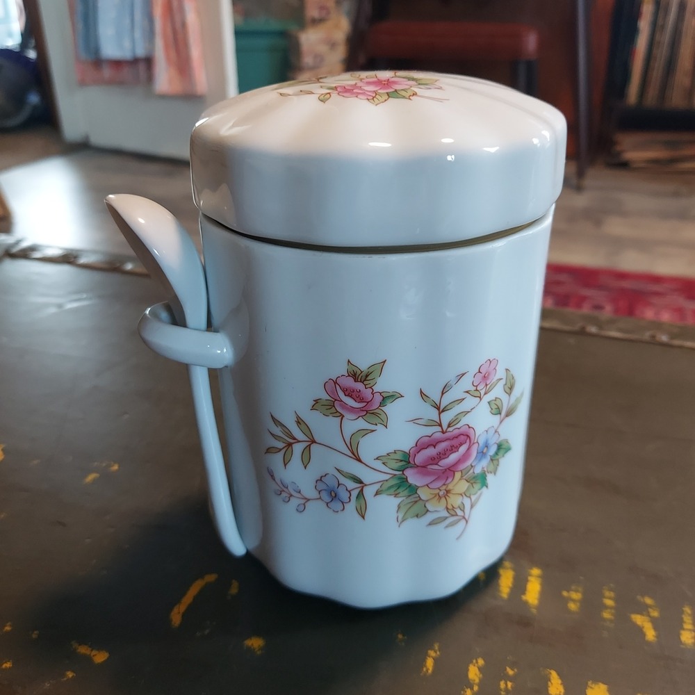 Vintage FTDA Floral Ceramic Honey Pot Jam Jar with Lid and Spoon White Scalloped